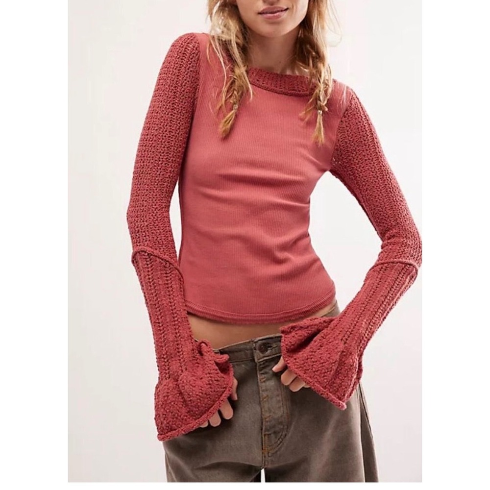 Free People Cuffing Season Top Ribbed Crochet Mixed Media Bell Sleeve XL